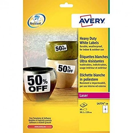 ETIQUETAS AVERY A4 POLYESTER BLANCO 99,1x139 MM C.ROMOS LASER CAJA 20H  80 UDS
