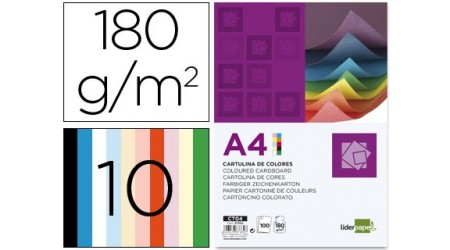CARTULINA LIDERPAPEL A4 180G/M2 10 COLORES SURTIDOS PAQUETE DE 100