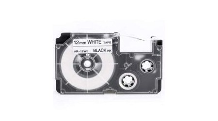 CINTA ROTULADORA COMPATIBLE CASIO 12MM PLASTICO BLANCO LETRA NEGRA XR-12WE1 8MT.