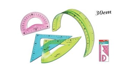 SET REGLA, ESCUADRA, CARTABON Y SEMICIRCULO FLEXIBLE 30 CM COLORES SURTIDOS