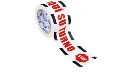 CINTA SEÑALIZACION ADHESIVA 72 MM. x 25 MT. "ESPERE AQUI SU TURNO"  IMPRESION ROJO/BLANCO