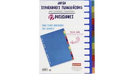 SEPARADOR A4 12 POSICIONES PP 500 MIC. COLORES SURTIDOS TRANSLUCIDOS