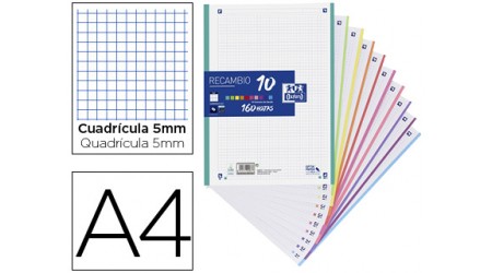 RECAMBIO A4 160 H CUADRO 5 MM OXFORD 4 TALADROS BANDA 10 COLORES