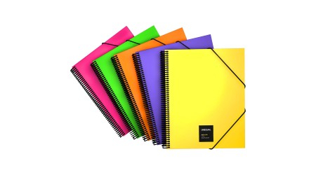 CARPETA PORTAFUNDAS MAXIPLAS A4 CON ESPIRAL TAPA DE CARTON 50 FUNDAS COLORES SURTIDOS FLUOR CIERRE CON GOMAS