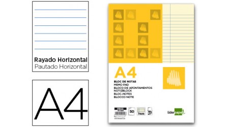 BLOC DE NOTAS LIDERPAPEL A4 50H. HORIZONTAL AMARILLO C/MARGEN