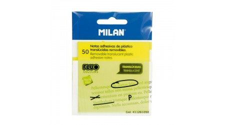 NOTAS ADHESIVAS DE PLASTICO MILAN 76X76 AMARILLO FLUOR TRANSLUCIDO 50 HOJAS