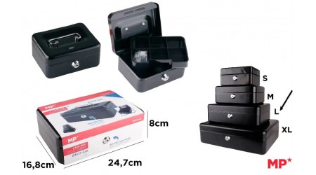 CAJA CAUDALES METALICA CON CERRADURA 247X168X80MM. NEGRA CON BANDEJA PORTAMONEDAS MP