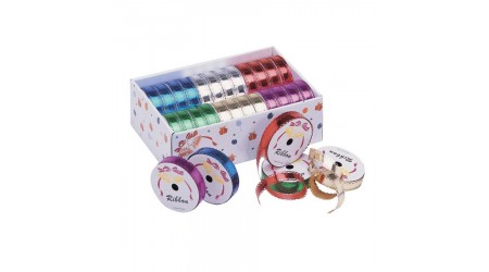 CINTA FANTASIA 10 MT X 18 MM METALIZADA EXPOSITOR 24 UNIDADES COLORES SURTIDOS