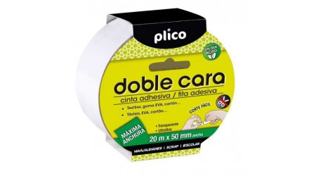 CINTA ADHESIVA DOBLE CARA 50MM X 20M PLICO, TRANSPARENTE, CORTE FACIL, ULTRAFINA