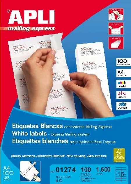 ETIQUETAS BLANCAS PERM. CANTOS RECTOS 100H.105X35 1600U.