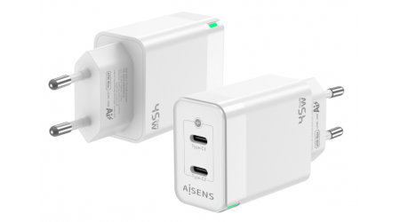 CARGADOR DE PARED USB-C X2  PD3.0 QC4.0 45W CARGA RAPIDA BLANCO AISENS