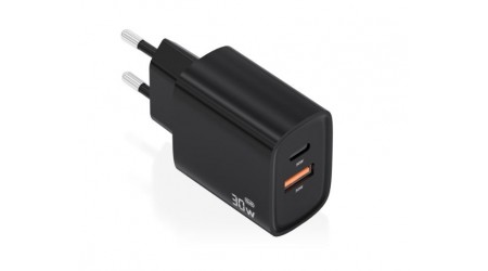 CARGADOR DE PARED USB-C / USB-A PD3.0 30W TECNOLOGIA AI PARA DETECTAR PROTOCOLO Y VELOCIDAD DE CARGA - Negro AISENS