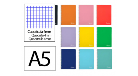 CUADERNO A5 TAPA DURA CUADRICULA 4 MM 80H 90 GR. WITTY TAPA DURA COLORES SURTIDOS