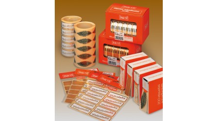 ETIQUETAS FELICIDADES 20x55 MM. ROLLO DE 200 UNIDADES ORO/BLANCO