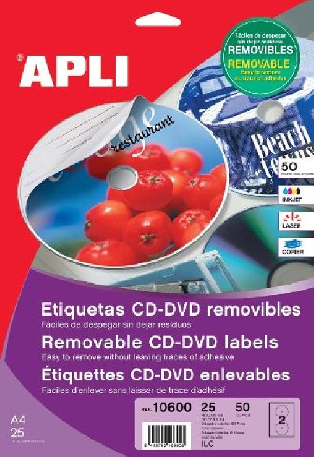 ETIQUETAS MEGA CD-DVD EXT.Ø 117 INT. Ø 18 REMOVIBLE 25H. 50U. BL