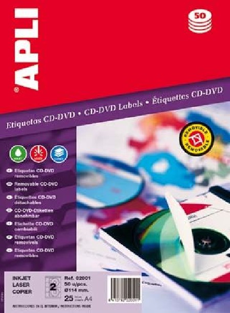 ETIQUETAS CD-DVD EXT.Ø 114 INT. Ø 41 PERMANENTE 25H. 50U. DORSO 