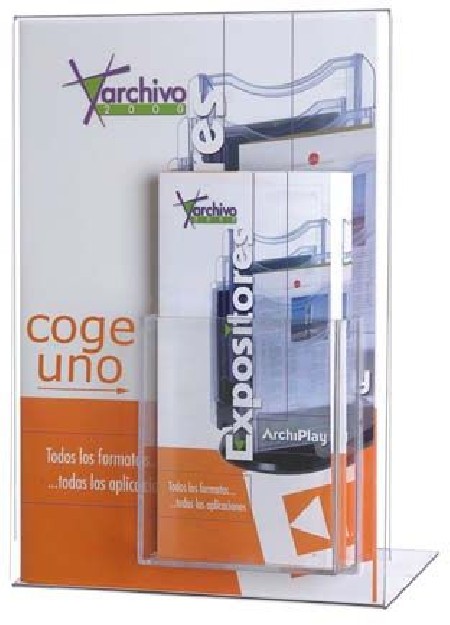 EXPOSITOR DE SOBREMESA 1 CARA TAMAÑA A4 FORMA L CON CAJETIN